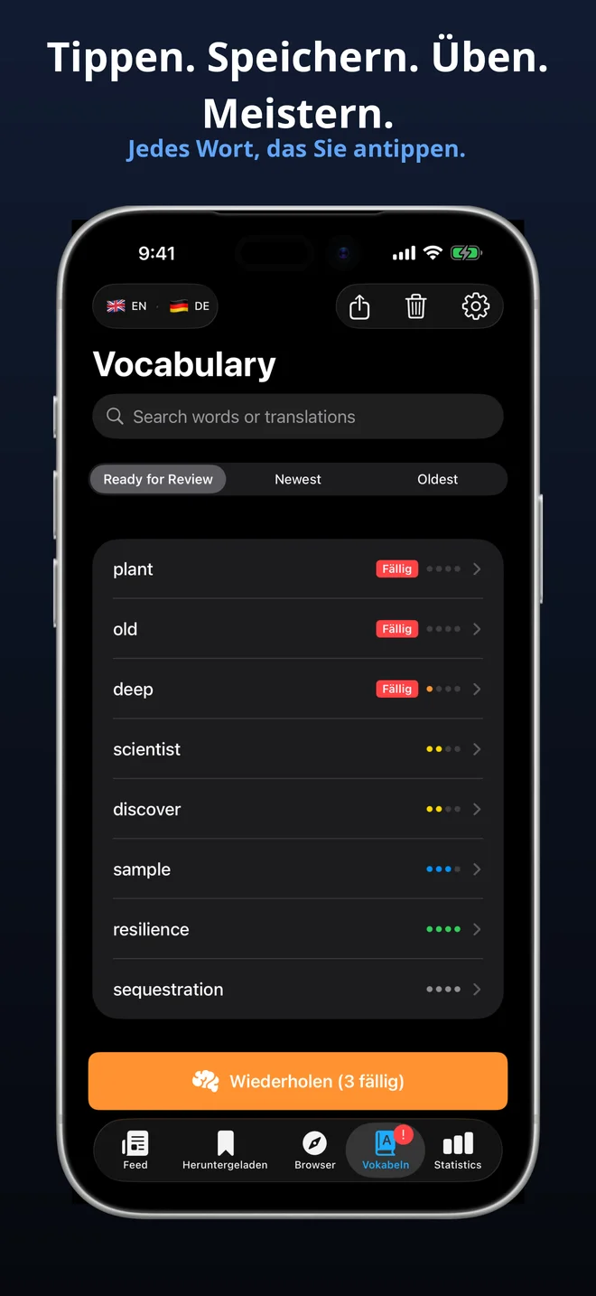 Jedes Wort, das Sie antippen, wird automatisch gespeichert
