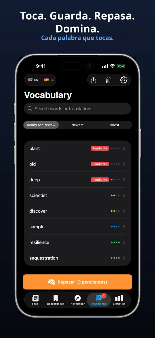 Cada palabra que tocas se guarda automáticamente