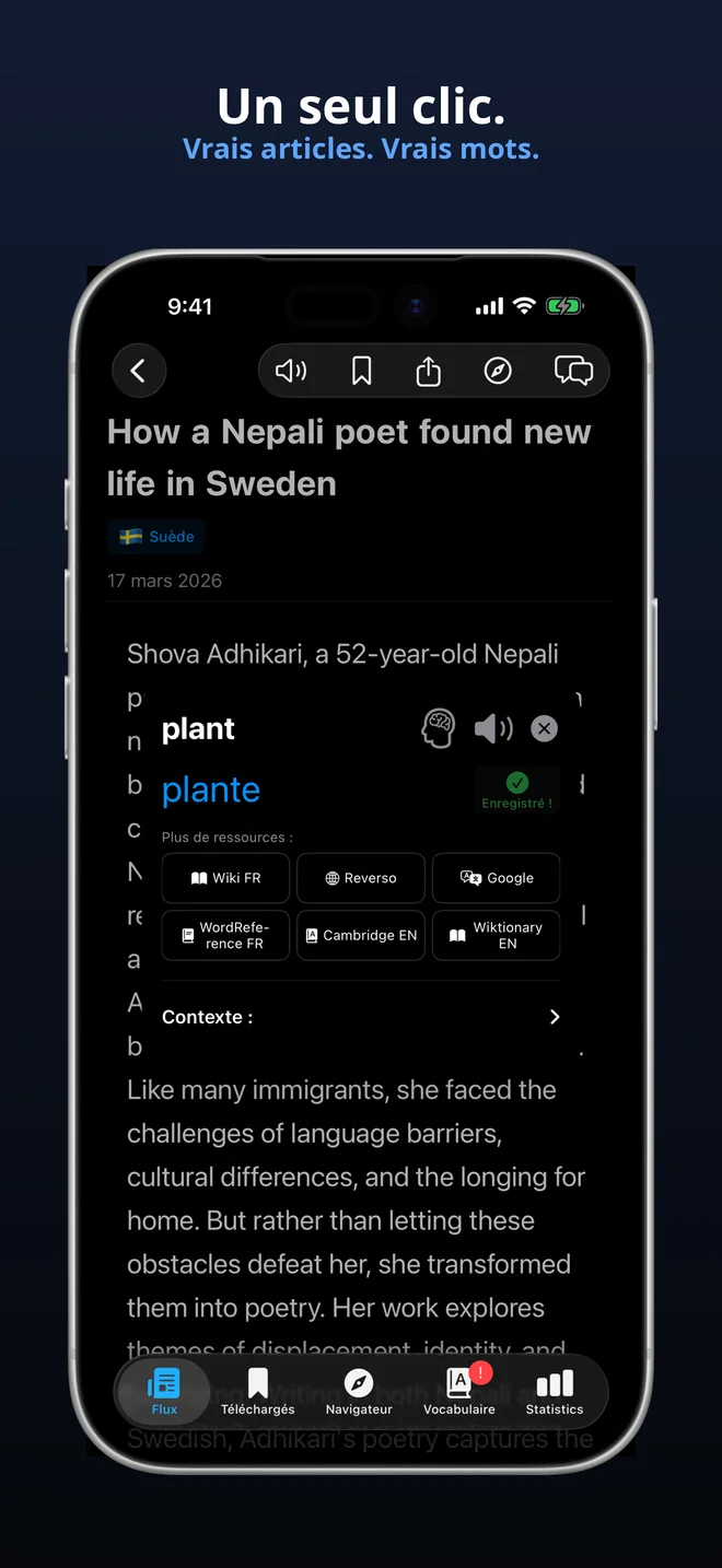 Appuyez sur n'importe quel mot pour une traduction instantanée