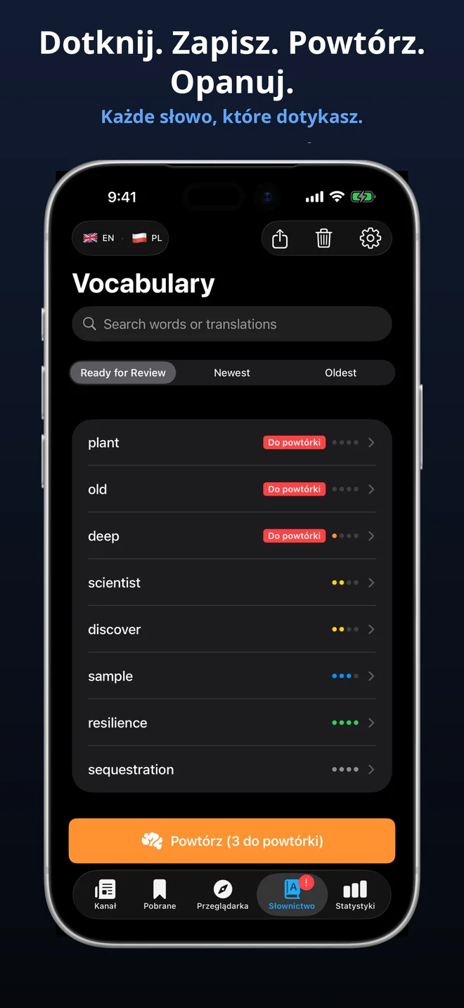 Każde dotknięte słowo jest automatycznie zapisywane
