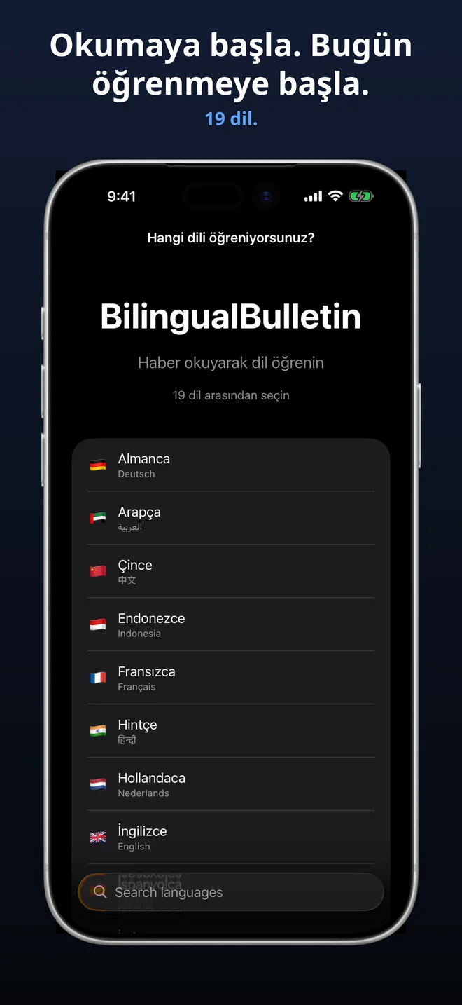 19 dil arasından seçin